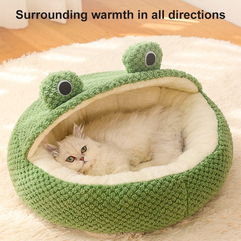 Frog Pet Nest - Winter Warm Plush Cat Bed & Small Dog House, Semi-Enclosed Puppy Villa with Removable Cushion, Anti-Slip Bottom