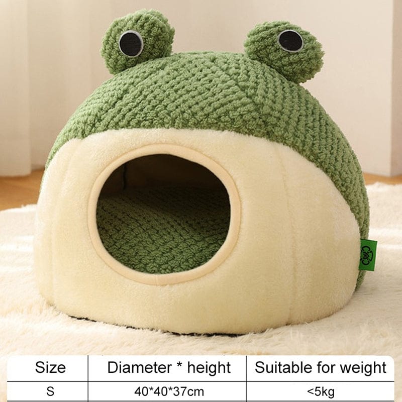 Frog Pet Nest - Winter Warm Plush Cat Bed & Small Dog House, Semi-Enclosed Puppy Villa with Removable Cushion, Anti-Slip Bottom