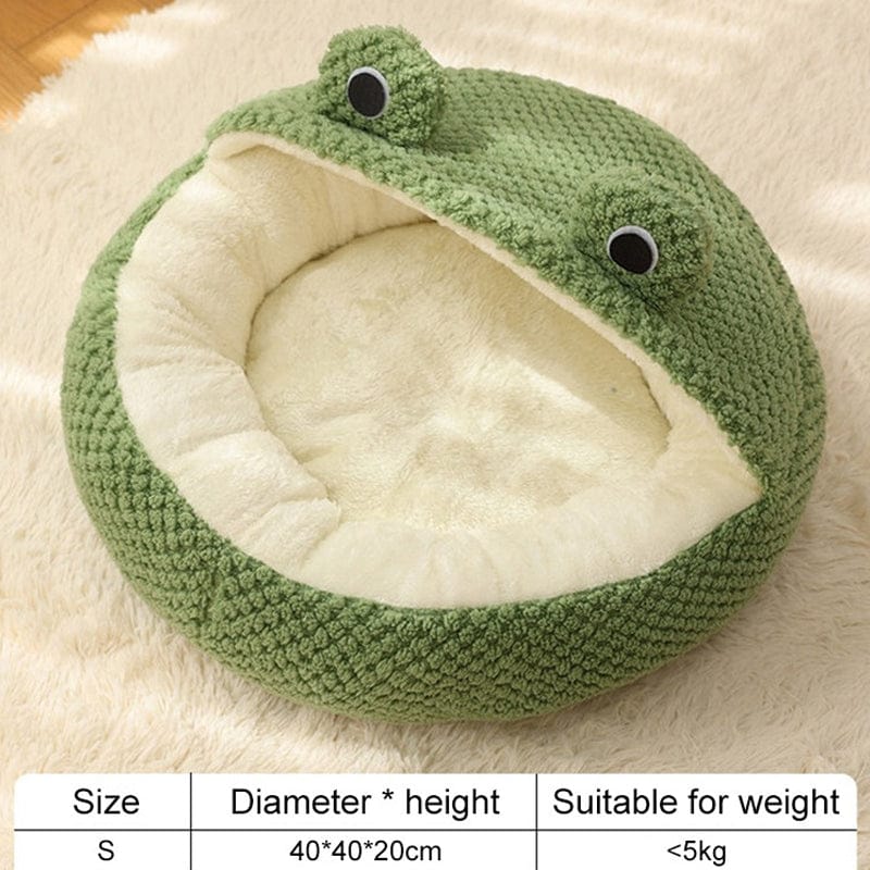 Frog Pet Nest - Winter Warm Plush Cat Bed & Small Dog House, Semi-Enclosed Puppy Villa with Removable Cushion, Anti-Slip Bottom