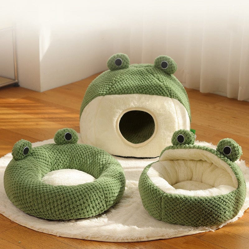Frog Pet Nest - Winter Warm Plush Cat Bed & Small Dog House, Semi-Enclosed Puppy Villa with Removable Cushion, Anti-Slip Bottom