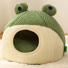 Frog Pet Nest - Winter Warm Plush Cat Bed & Small Dog House, Semi-Enclosed Puppy Villa with Removable Cushion, Anti-Slip Bottom