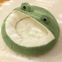 Frog Pet Nest - Winter Warm Plush Cat Bed & Small Dog House, Semi-Enclosed Puppy Villa with Removable Cushion, Anti-Slip Bottom