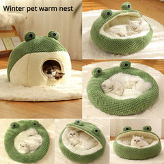 Frog Pet Nest - Winter Warm Plush Cat Bed & Small Dog House, Semi-Enclosed Puppy Villa with Removable Cushion, Anti-Slip Bottom
