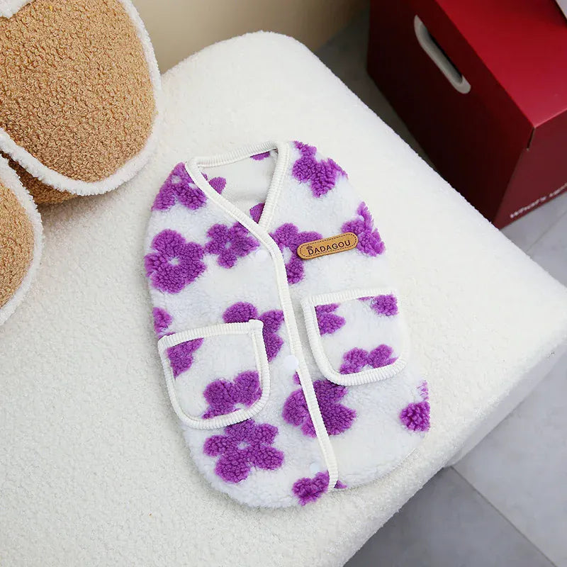 Full Print Flower Pet Vest – Autumn & Winter Fashion Dog Coat | Cozy Two-Legged Puppy Cardigan for Small Dogs