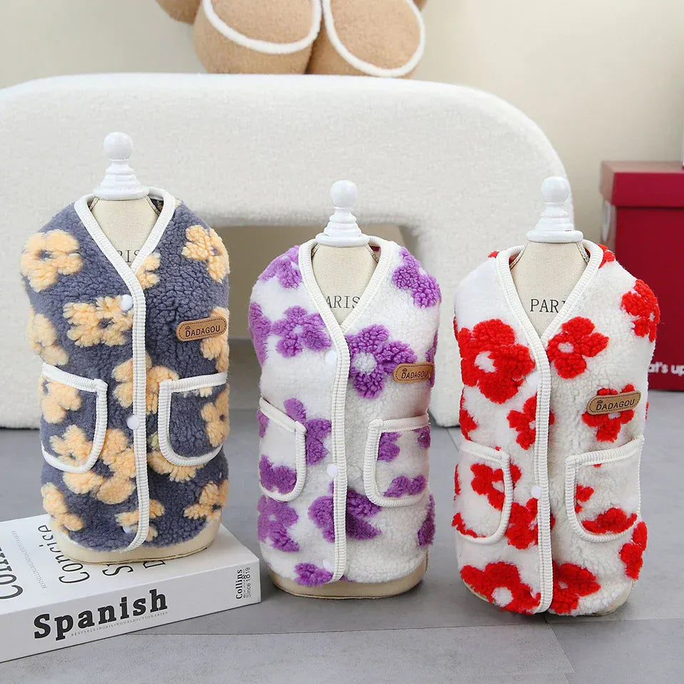 Full Print Flower Pet Vest – Autumn & Winter Fashion Dog Coat | Cozy Two-Legged Puppy Cardigan for Small Dogs