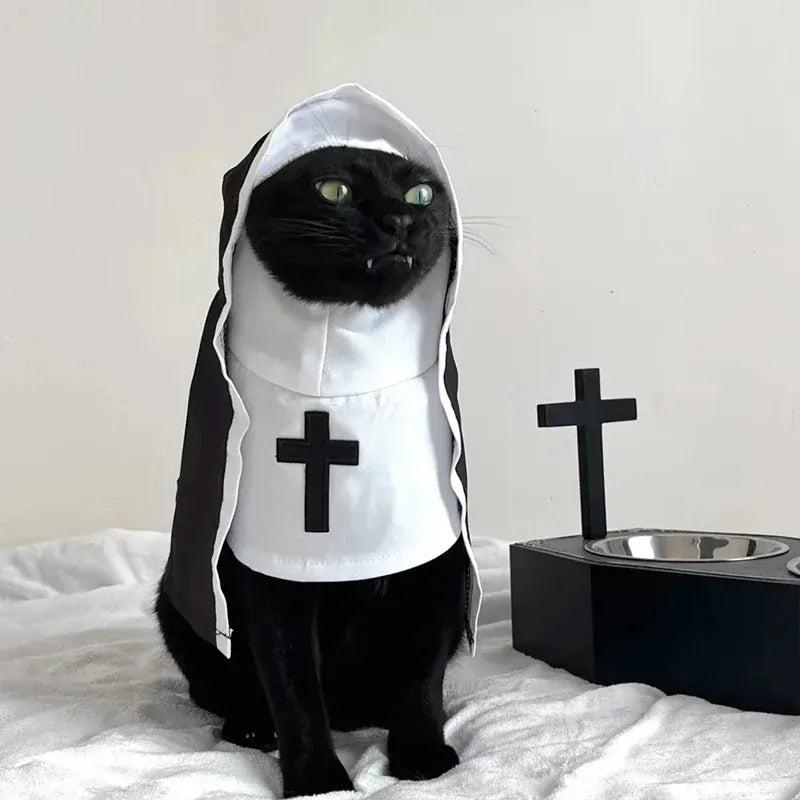 Halloween Nun Costume for Cats - Funny Pet Cosplay Cloak for Small Dogs
