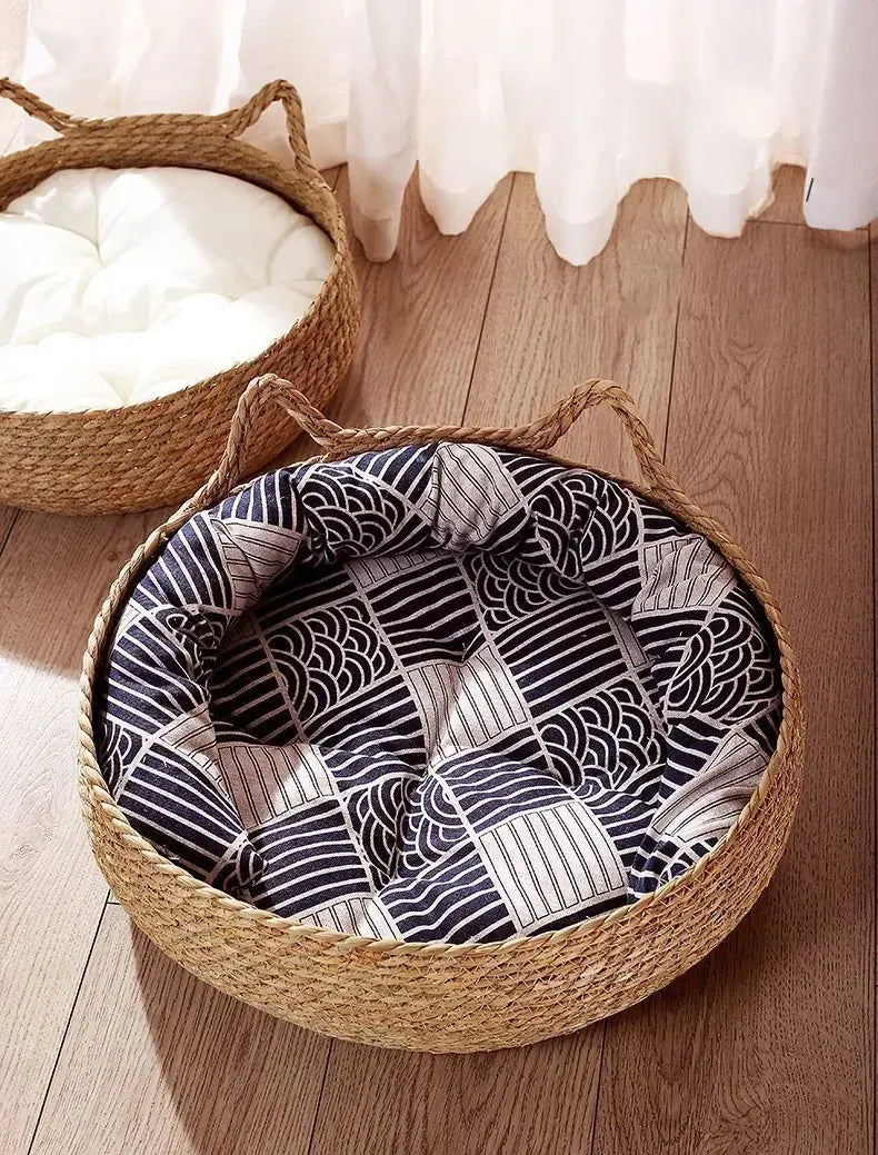 Handmade Vine Woven Cat Nest - 100% Cotton Detachable Four Seasons Bed