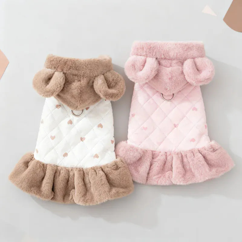 Heart Print Dog Down Jacket – Winter Warm Luxury Puppy Coat | Soft Cotton Dress for Small Dogs & Cats | Cute Chihuahua Outfit