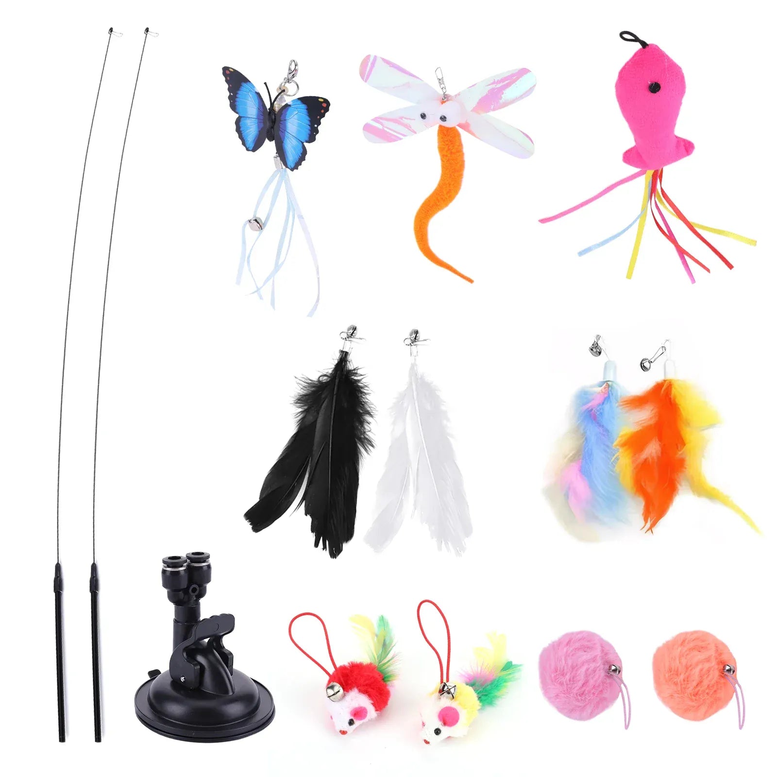 Interactive Cat Teaser Stick Set – 13-Piece Detachable Toy with Suction Cup Base & Replacement Heads