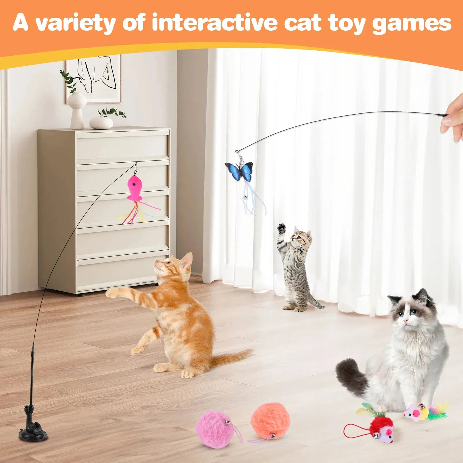 Interactive Cat Teaser Stick Set – 13-Piece Detachable Toy with Suction Cup Base & Replacement Heads