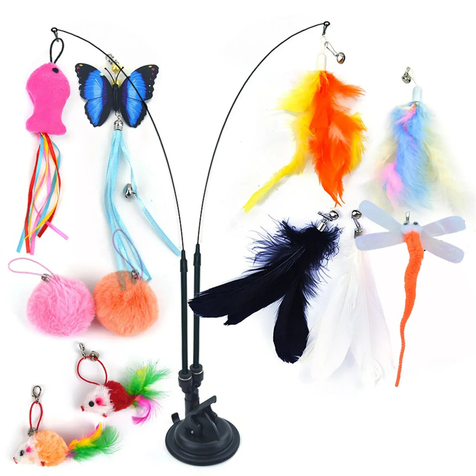 Interactive Cat Teaser Stick Set – 13-Piece Detachable Toy with Suction Cup Base & Replacement Heads