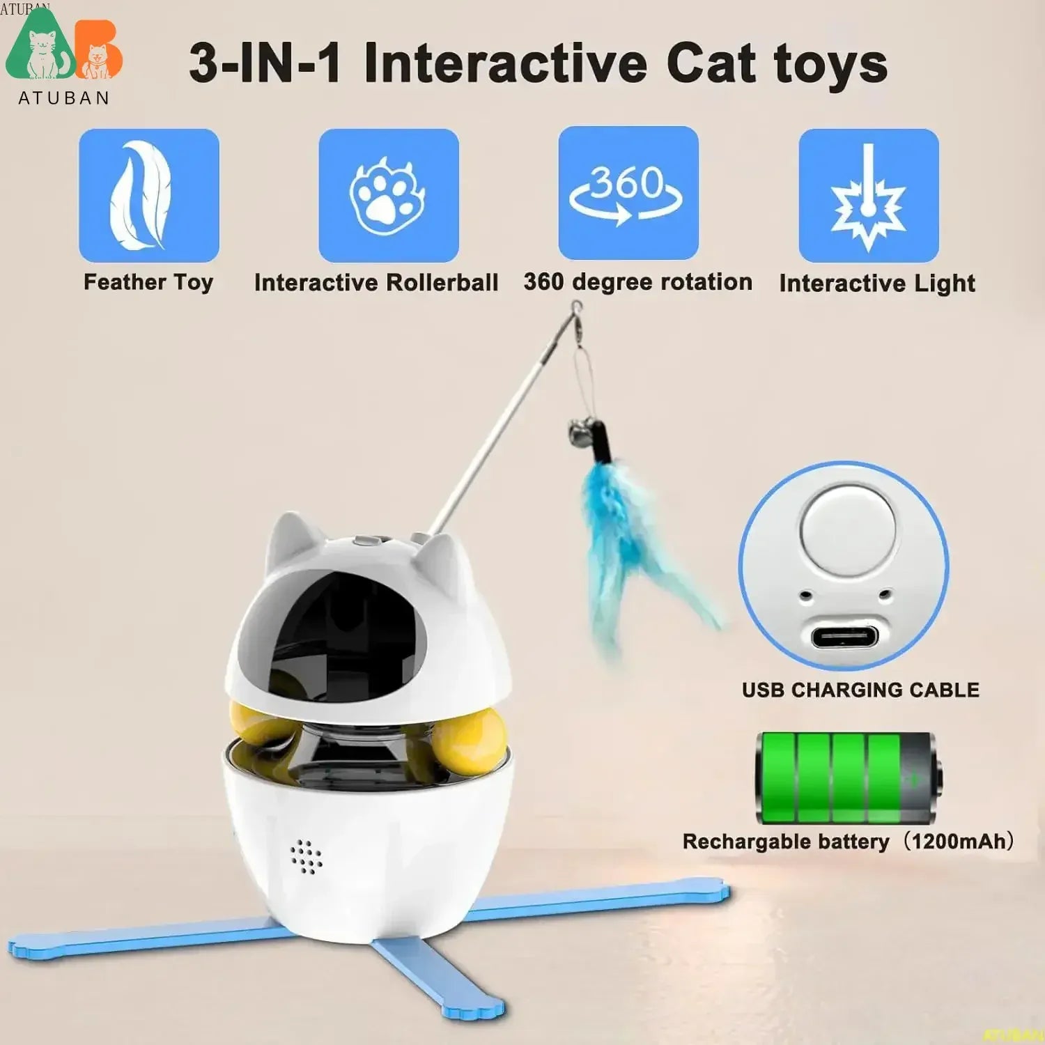Interactive Cat Toys,3-in-1 Funny Exercise Electric Rotating Cat Toys for Indoor Cats Laser Toy, Automatic Cat Ball Kitten Toys