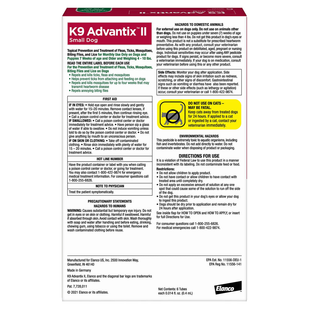 K9 Advantix II Small Dog – Vet-Recommended Flea, Tick & Mosquito Treatment for Dogs 4-10 lbs, 4-Month Supply