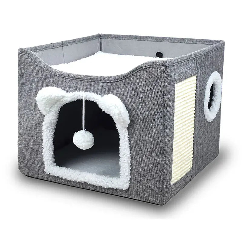 Large Cat House with Hanging Ball & Scratch Pad - Foldable Washable Pet Tent