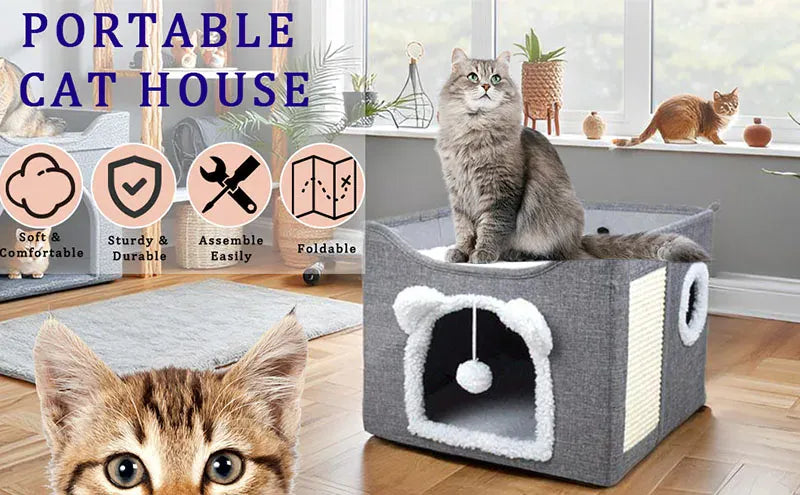 Large Cat House with Hanging Ball & Scratch Pad - Foldable Washable Pet Tent