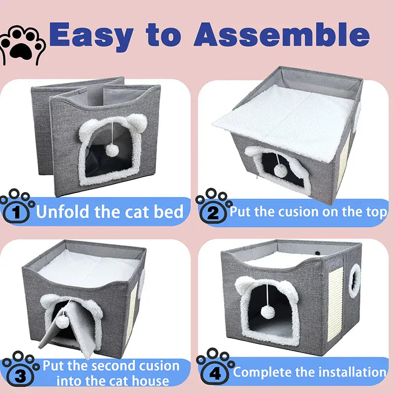 Large Cat House with Hanging Ball & Scratch Pad - Foldable Washable Pet Tent