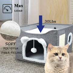 Large Cat House with Hanging Ball & Scratch Pad - Foldable Washable Pet Tent