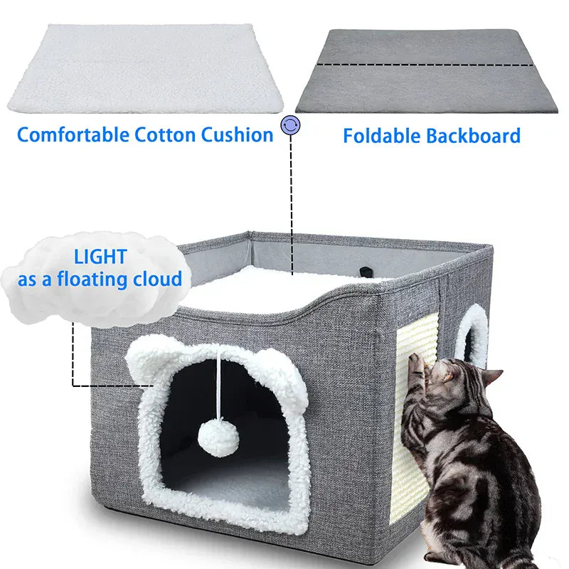 Large Cat House with Hanging Ball & Scratch Pad - Foldable Washable Pet Tent