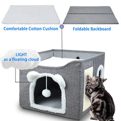 Large Cat House with Hanging Ball & Scratch Pad - Foldable Washable Pet Tent