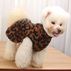 Leopard Print Dog Dress Coat - Fleece Winter Pullover with Sleeveless Design