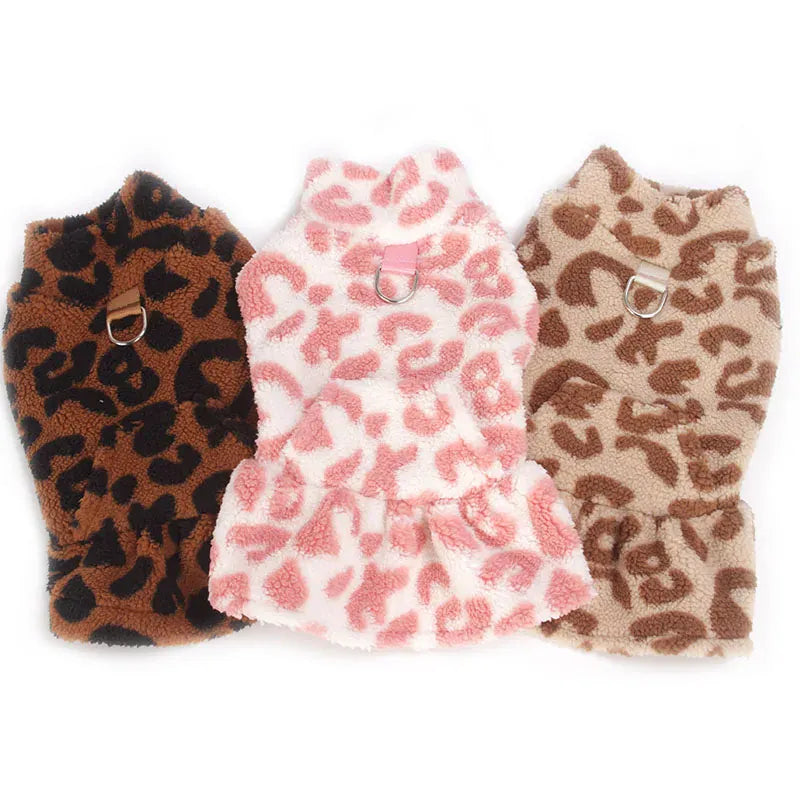 Leopard Print Dog Dress Coat - Fleece Winter Pullover with Sleeveless Design