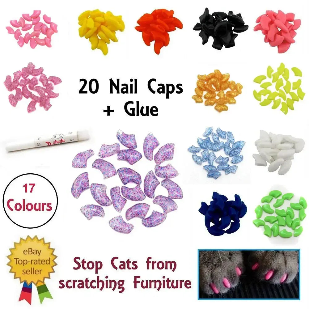 Lovely 20pcs Soft Silicone Cat Nail Caps | Pet Claw Protection with Adhesive Glue | Anti-Scratch Cat Paw Covers | Safe Nail Care for Cats