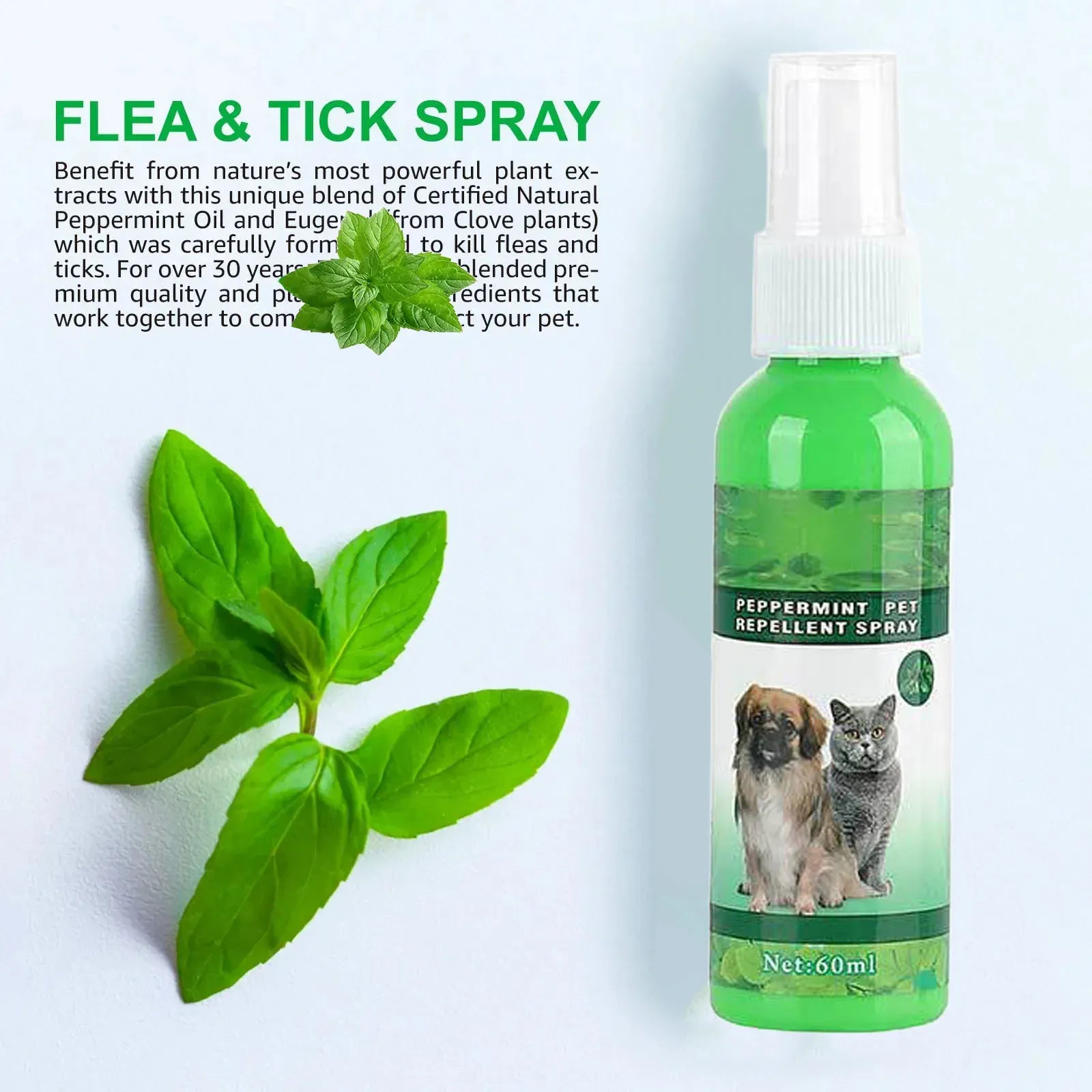 Natural Flea & Tick Spray for Dogs & Cats - 60ml Peppermint Oil Pest Repellent with Eugenol, Fresh Fragrance Topical Care