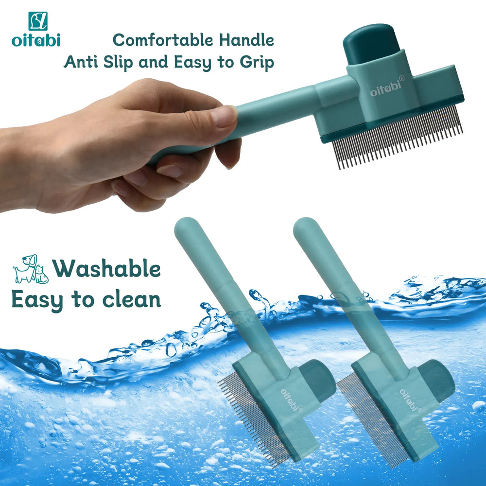 Oitabi Self-Cleaning Flea Comb for Dogs & Cats - Fine Tooth Pet Comb with Release Button, 2-Pack Grooming Tool for Flea Removal & Detangling