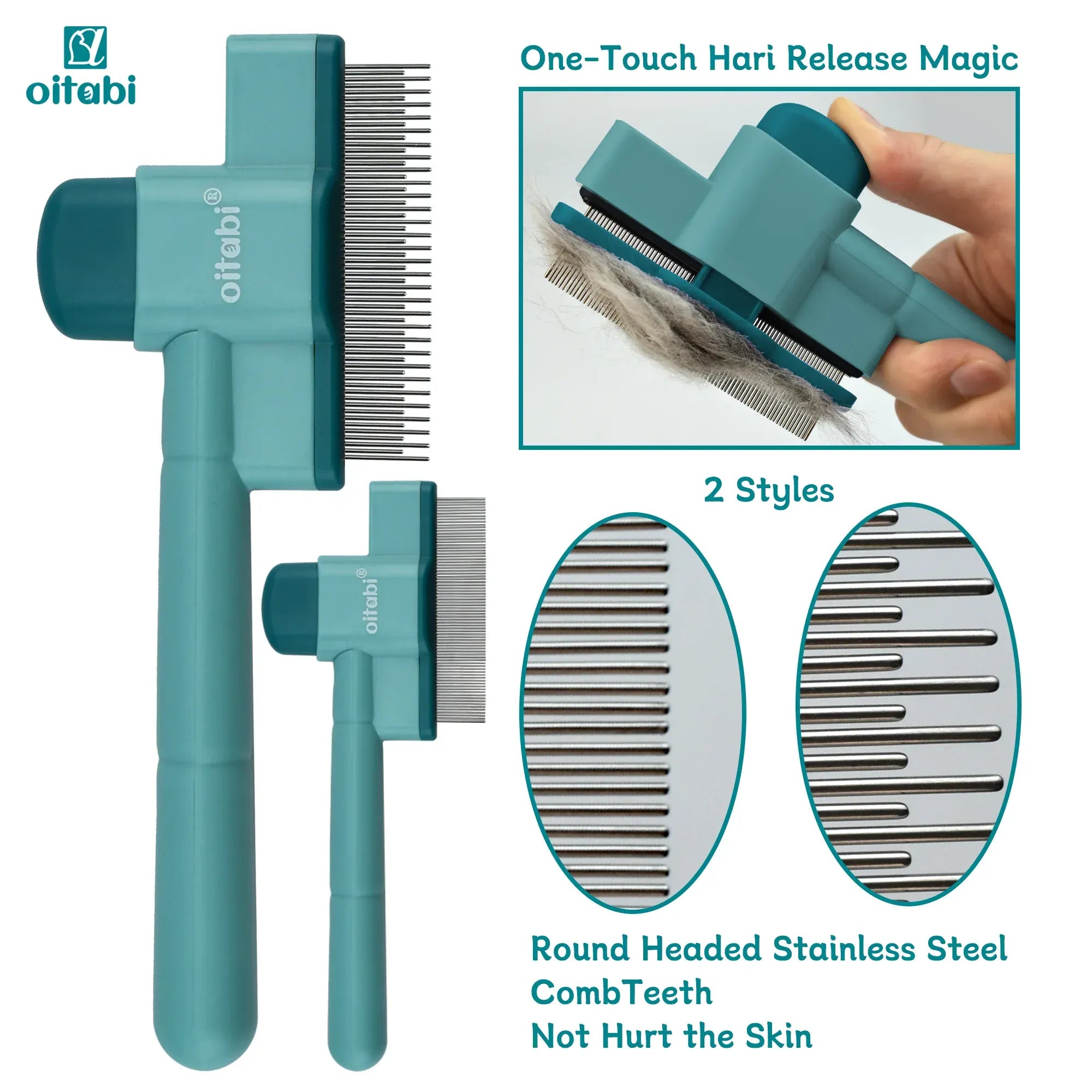 Oitabi Self-Cleaning Flea Comb for Dogs & Cats - Fine Tooth Pet Comb with Release Button, 2-Pack Grooming Tool for Flea Removal & Detangling