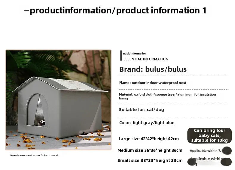 Outdoor Cat House Waterproof - Winter Warm Pet Cave Bed Foldable Washable