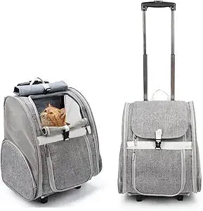 Pet Rolling Carrier with Wheels - 2-in-1 Dog Backpack & Cat Travel Trolley, Convertible Wheeled Pet Carrier for Medium Pets up to 16lbs