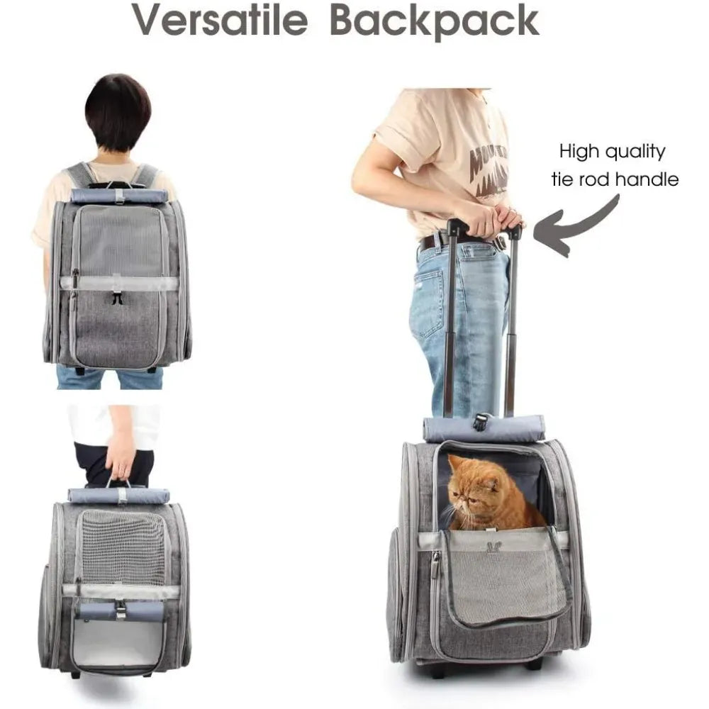Pet Rolling Carrier with Wheels - 2-in-1 Dog Backpack & Cat Travel Trolley, Convertible Wheeled Pet Carrier for Medium Pets up to 16lbs