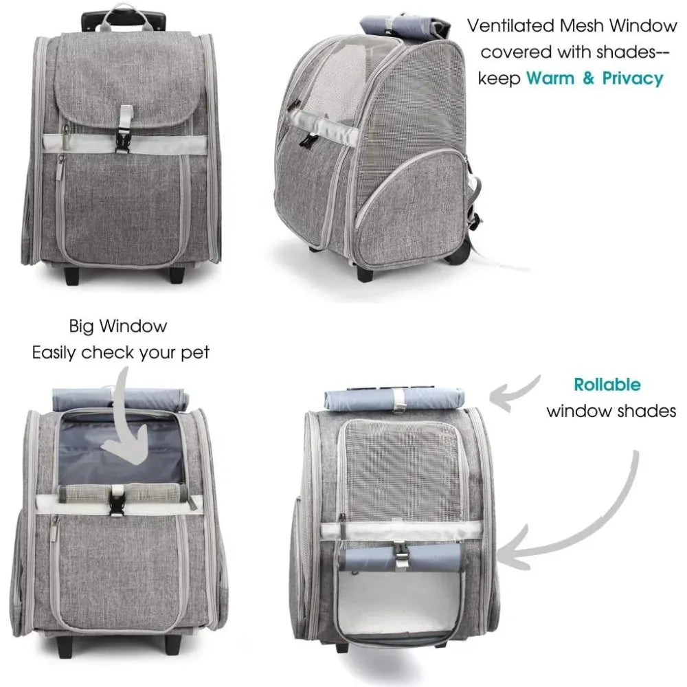 Pet Rolling Carrier with Wheels - 2-in-1 Dog Backpack & Cat Travel Trolley, Convertible Wheeled Pet Carrier for Medium Pets up to 16lbs