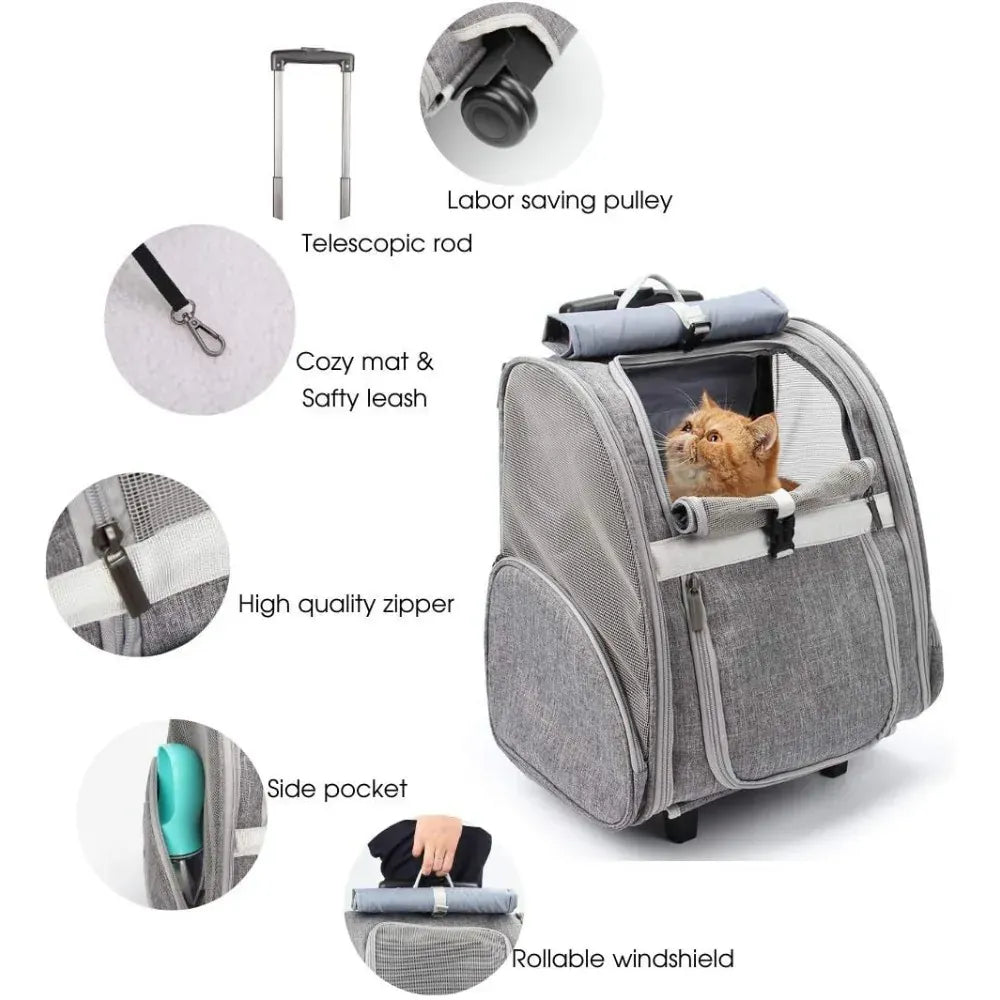 Pet Rolling Carrier with Wheels - 2-in-1 Dog Backpack & Cat Travel Trolley, Convertible Wheeled Pet Carrier for Medium Pets up to 16lbs