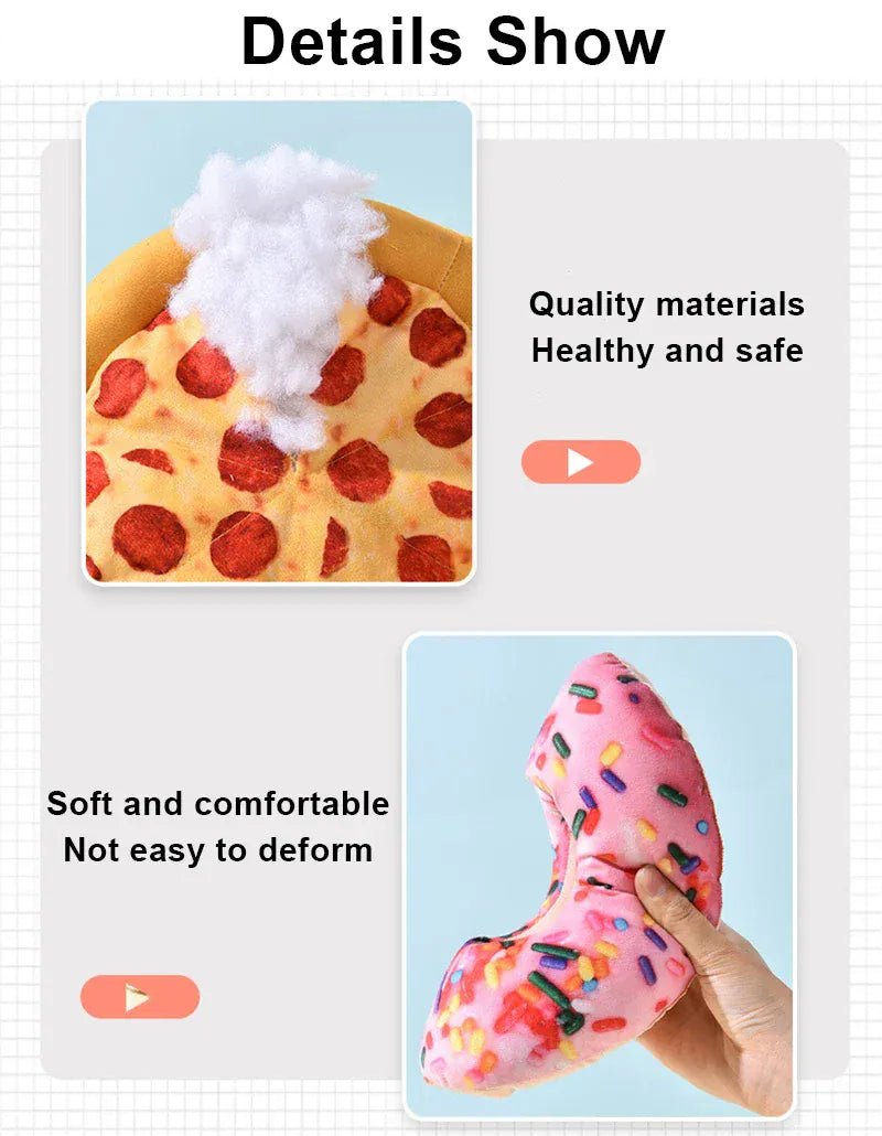 Plush Dog Toy Doughnut & Pizza Shape | Squeaky Chew Toy for Puppies & Dogs | Teeth Cleaning Soft Bite-Resistant Pet Toy