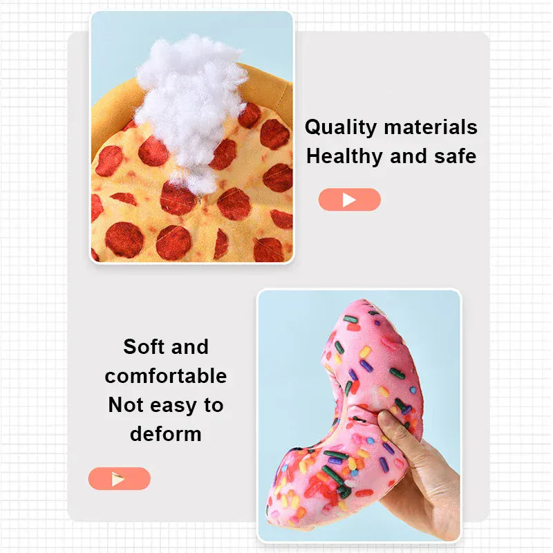 Plush Dog Toy Doughnut & Pizza Shape | Squeaky Chew Toy for Puppies & Dogs | Teeth Cleaning Soft Bite-Resistant Pet Toy