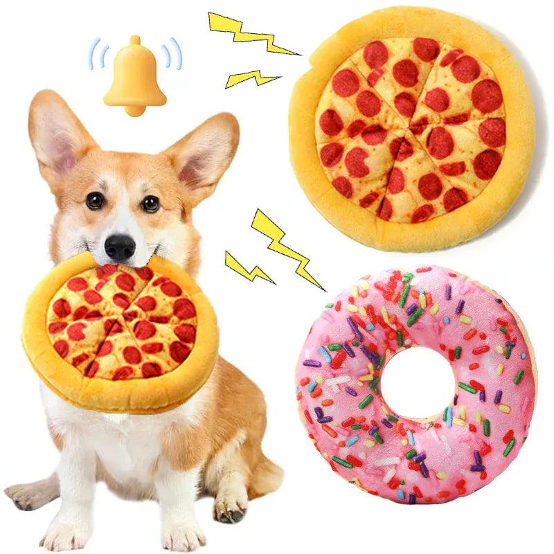 Plush Dog Toy Doughnut & Pizza Shape | Squeaky Chew Toy for Puppies & Dogs | Teeth Cleaning Soft Bite-Resistant Pet Toy