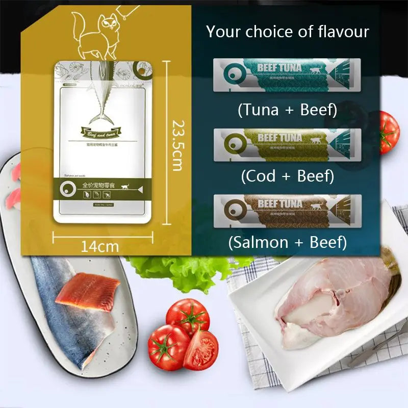 Premium Cat Strips Wet Food – 8 Pack (13g Each) | High Protein Cat Snacks with Cod, Tuna & Beef | DHA + Omega Boost for Shiny Coat & Healthy Cats