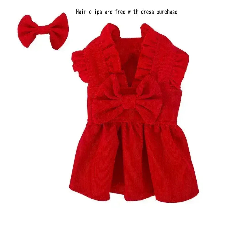 Princess Bow Dress Set - Winter Corduroy Dog Dress with Bow Clip