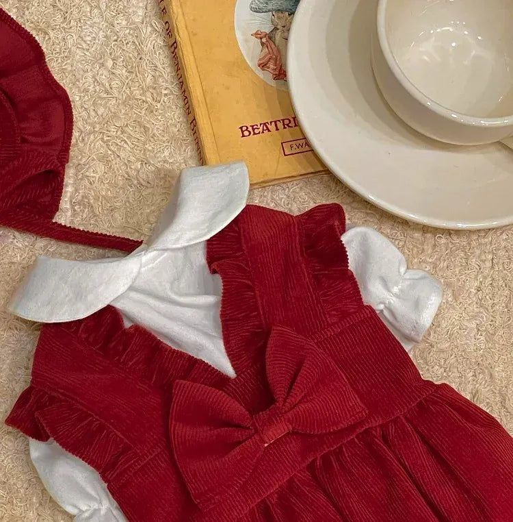 Princess Bow Dress Set - Winter Corduroy Dog Dress with Bow Clip