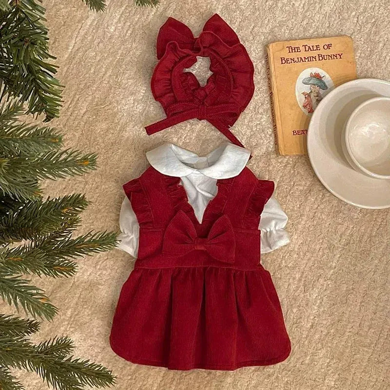 Princess Bow Dress Set - Winter Corduroy Dog Dress with Bow Clip