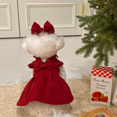 Princess Bow Dress Set - Winter Corduroy Dog Dress with Bow Clip