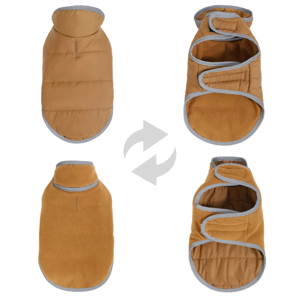 Reversible Fleece Pet Jacket - Waterproof Coat with Leash Hole & Reflective Strips