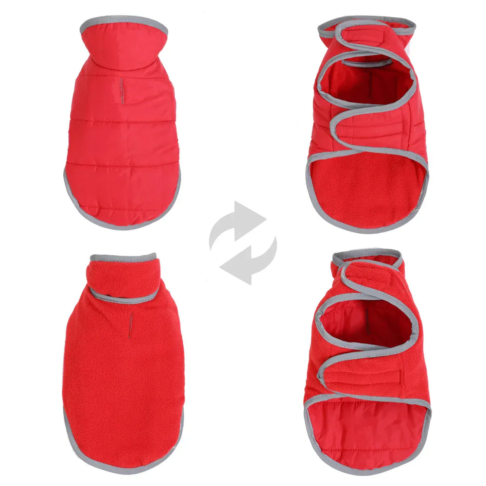 Reversible Fleece Pet Jacket - Waterproof Coat with Leash Hole & Reflective Strips
