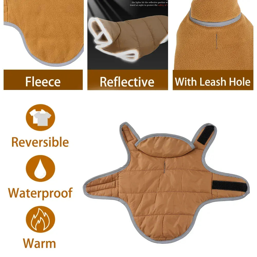 Reversible Fleece Pet Jacket - Waterproof Coat with Leash Hole & Reflective Strips