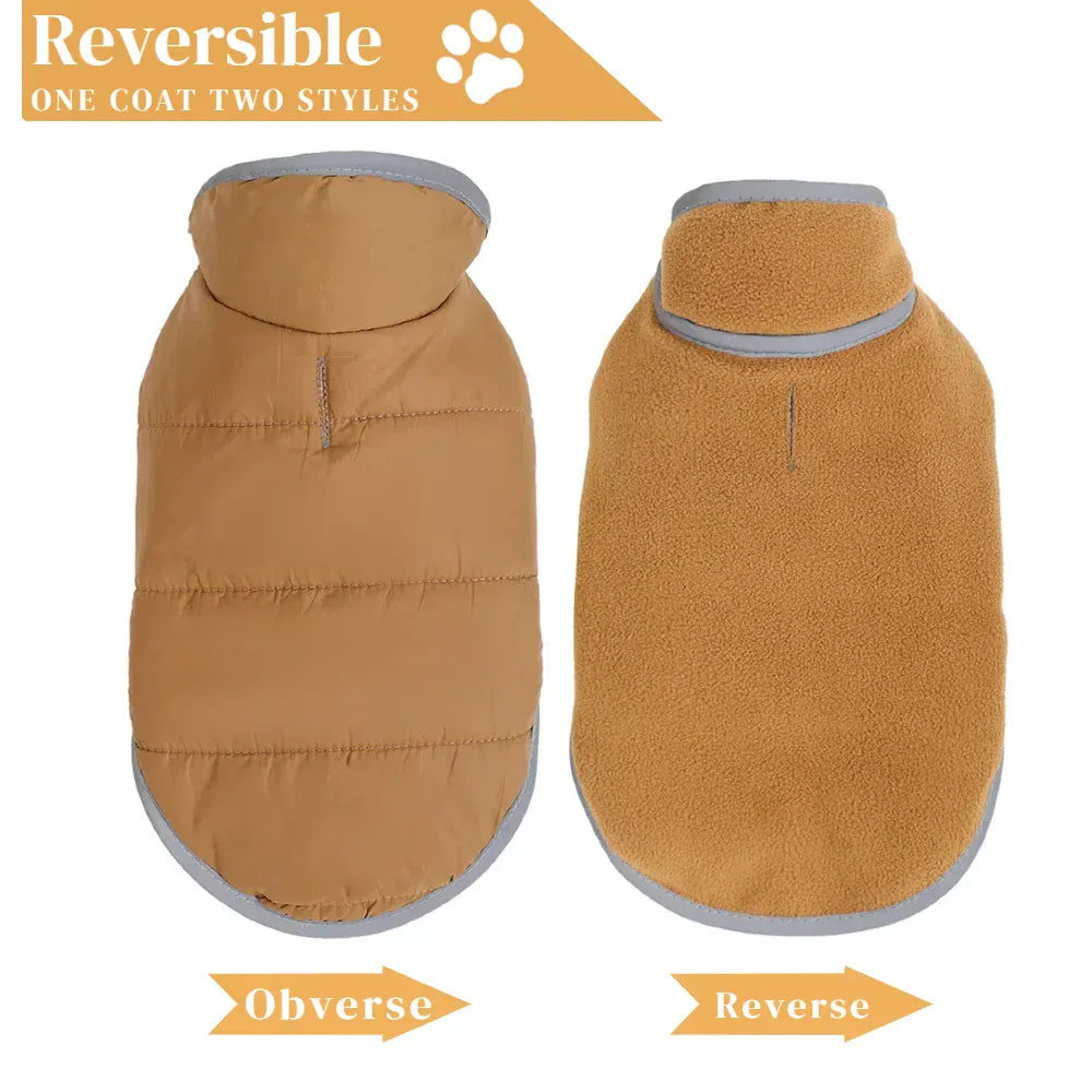 Reversible Fleece Pet Jacket - Waterproof Coat with Leash Hole & Reflective Strips