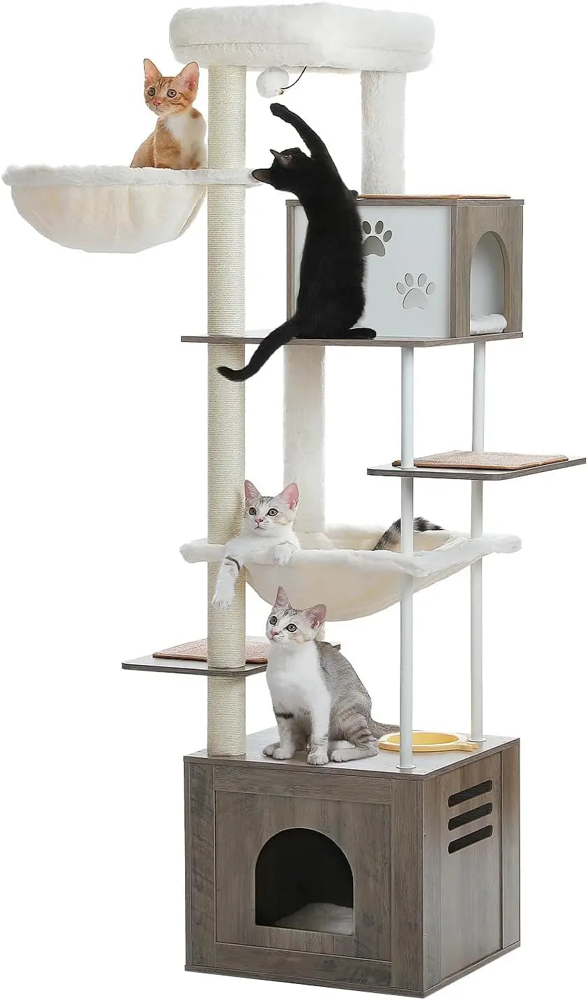 Road Large Cat Tree with Food Station - 74.8" Multi-Level Cat Tower with Condos & Hammocks