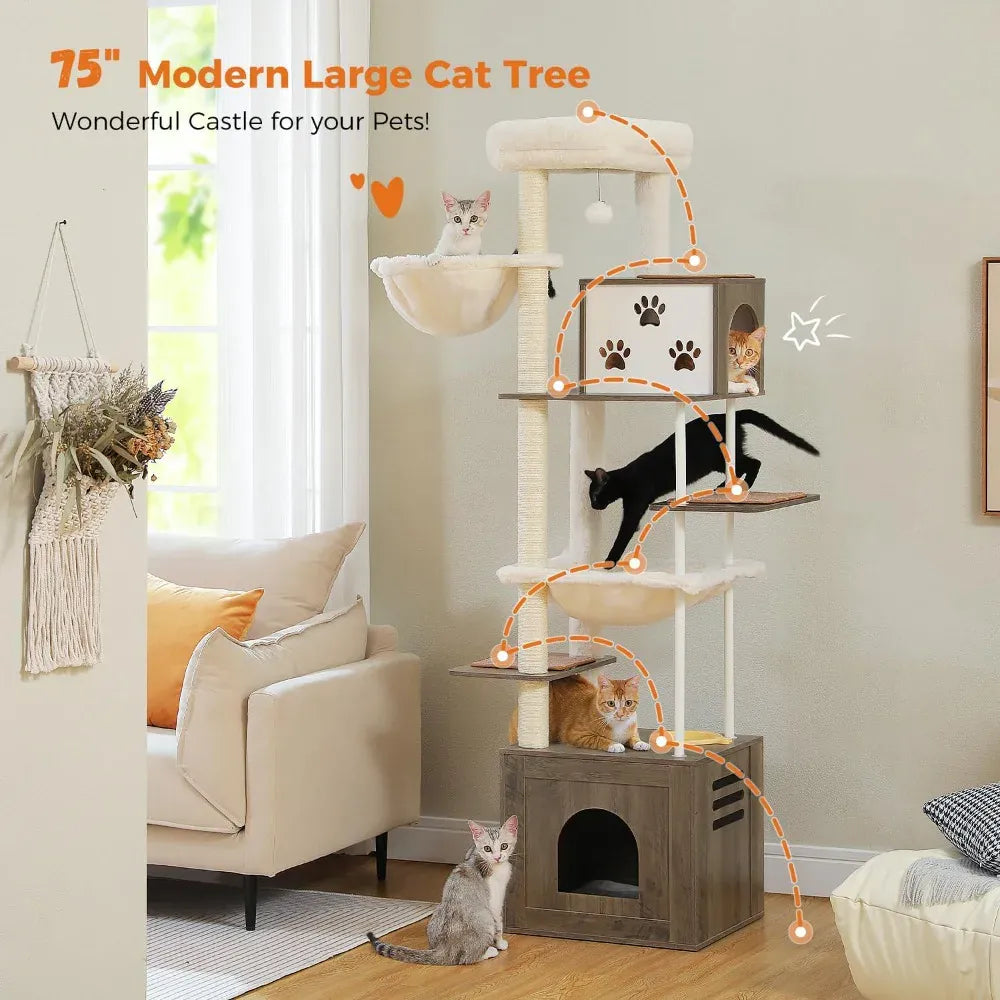 Road Large Cat Tree with Food Station - 74.8" Multi-Level Cat Tower with Condos & Hammocks