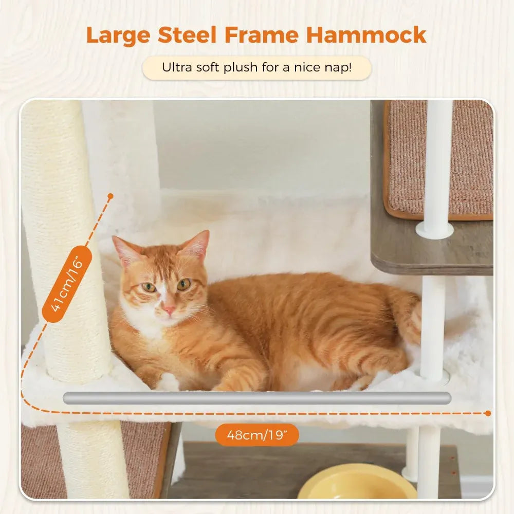Road Large Cat Tree with Food Station - 74.8" Multi-Level Cat Tower with Condos & Hammocks