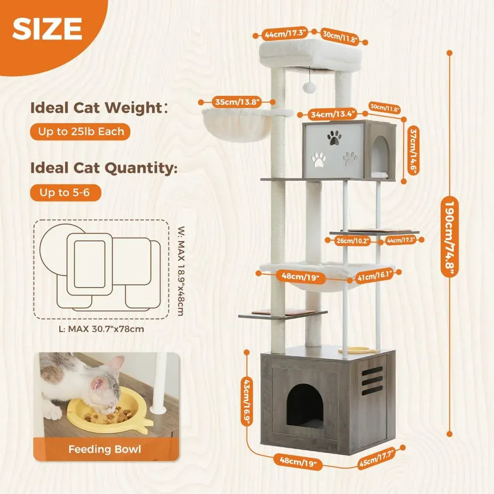Road Large Cat Tree with Food Station - 74.8" Multi-Level Cat Tower with Condos & Hammocks